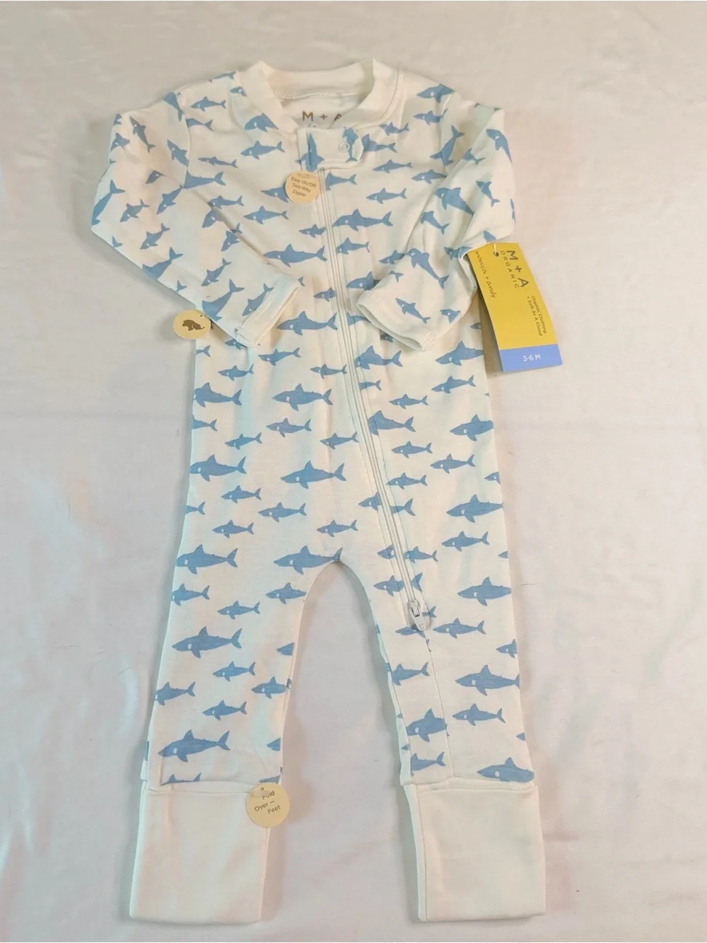 NWT Monica + Andy Baby Zip Footless Sleeper 3-6M Shark Print Organic Cotton Pjs